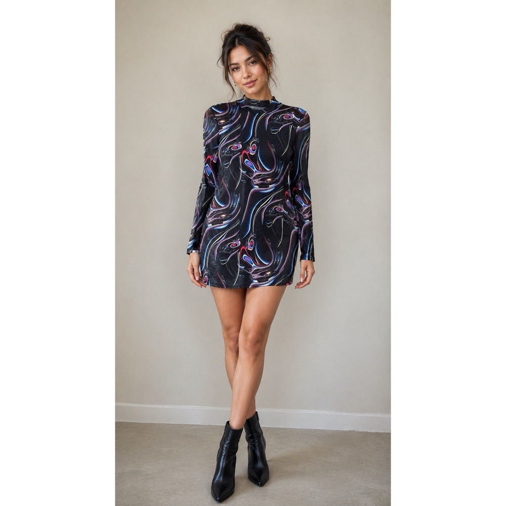 SHEIN Psychedelic Swirl Dress Long Sleeve Mesh Abstract Colorful Sheer Sz Small